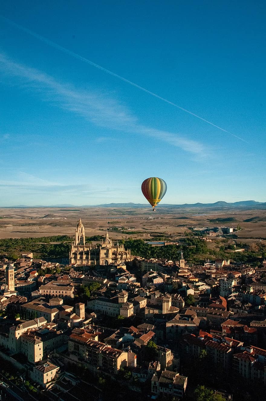 ballong, varmluftsballong, segovia, Spania, by, horisont, utsikt, akvadukt