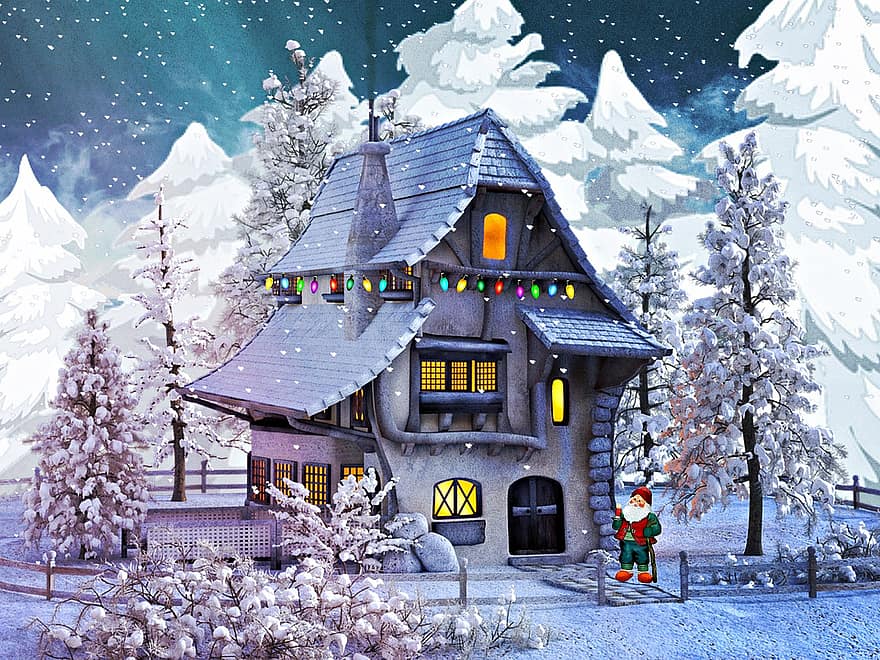 Navidad, nieve, invierno, frío, congelado, vacaciones, gnomo, alegre, árbol, temporada, cabaña