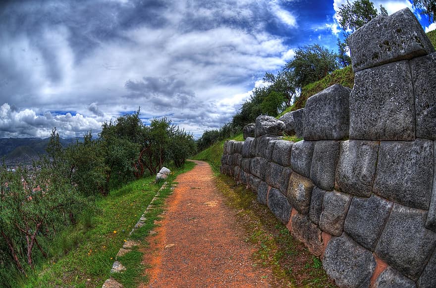 Saqsaywaman, montanha, caminho, parede de pedra, histórico, antigo, fortaleza, cidadela, cultura, arqueológico, panorama