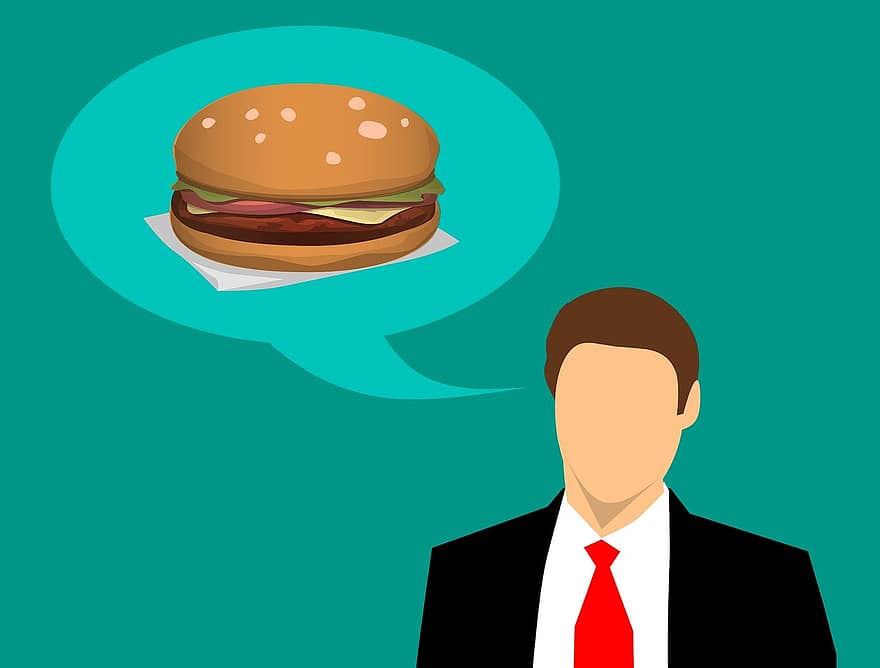 burger, Gıda, düşünme, beyin yemi, sağlıklı yiyecek, yemek yiyor, Fikir, sağlıklı beslenme, Gıda Etiketi Hakkında Düşünmek, aç, adam