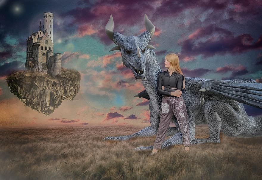 Dragon, Girl, Castle, Fairy Tale, Myth, Fantasy, Brave, Sunset, Clouds, Fight