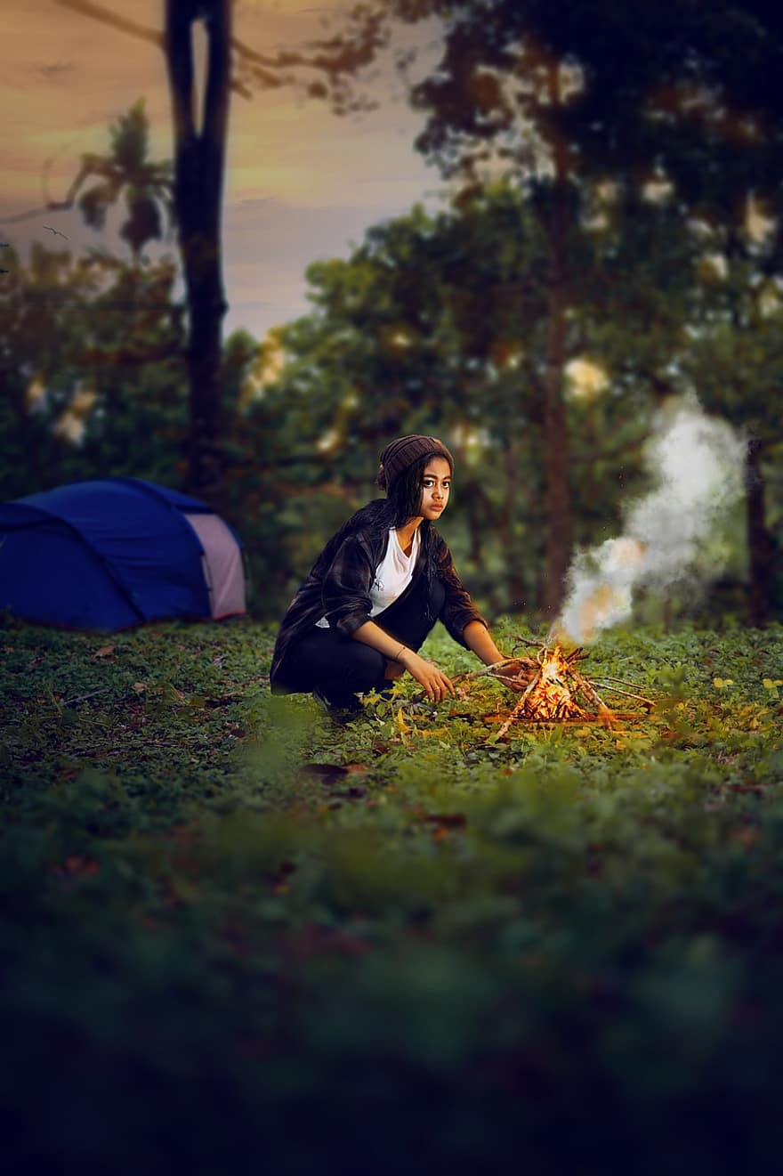 femeie, model, Beanie, foc, foc de tabără, copaci, pădure, Muslim, islam
