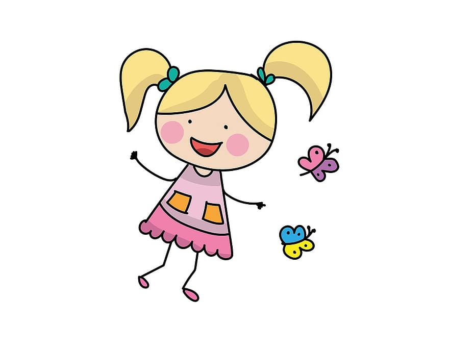Mädchen, Kind, Kindheit, Kleid, Schmetterlinge, Kindergarten, Karikatur, Zeichnung, Zöpfe, süß, Vektor