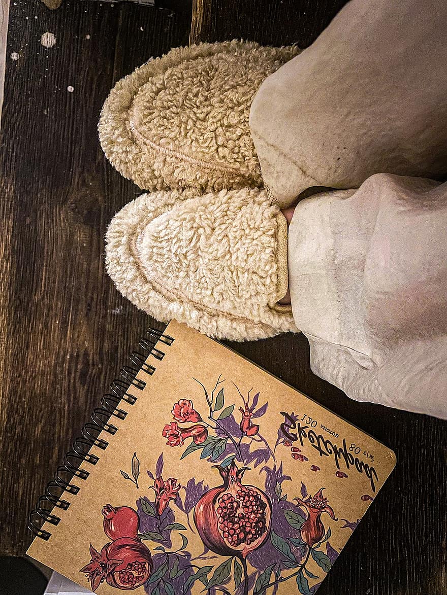 Book, Education, Slippers, Wool, Notepad, wood, backgrounds, pattern, decoration, table, indoors