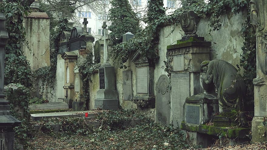 kuburan, batu nisan, patung, historis, orang tua, makam, halloween, melankolis, sedih, Praha, eropa