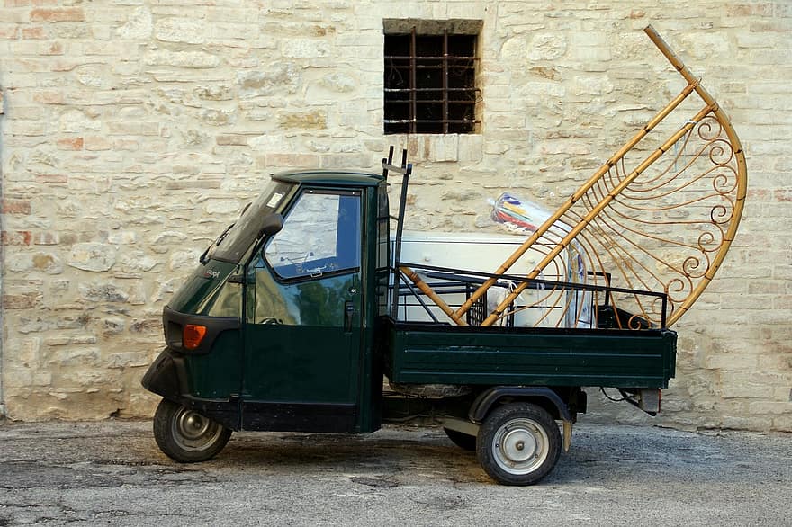bevagna, Scootervrachtwagen, Italië, umbria, voertuig, vervoer-, vervoer, oud, oubollig, wijze van transport, wiel