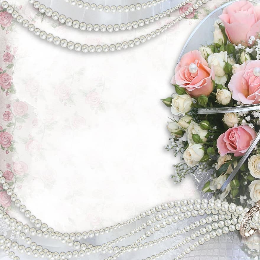 fons, scrapbooking, roses, rosa, perles, casament, romàntic, anells, flor, vell, vintage