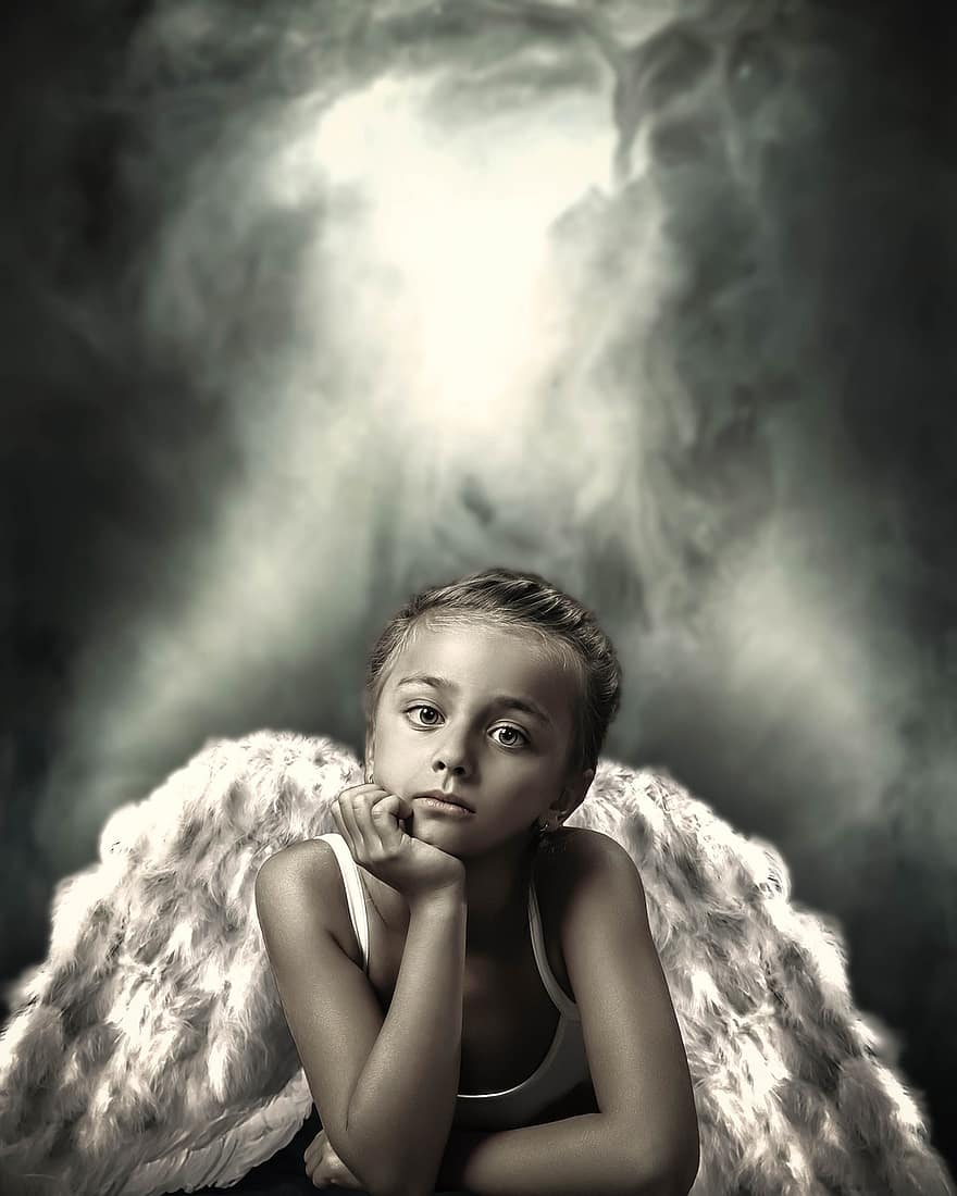 pige, Engel, himmel, skyer, vinger, engel vinger, lille pige, portræt, fotomontage, foto manipulation