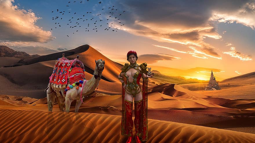 fondo, Desierto, templo, camello, mujer, Duna de arena, arena, puesta de sol, África, paisaje, viaje