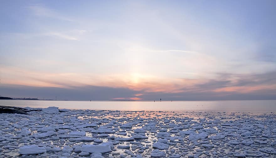 moře, západ slunce, led, kal, Finsko, jaro