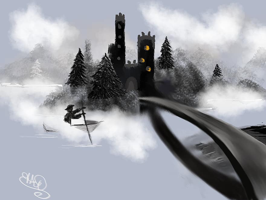 zamek, ciemny, mistyczny, chmury, most, cyfrowy, drzewo, ilustracja, Góra, mężczyźni, zimowy