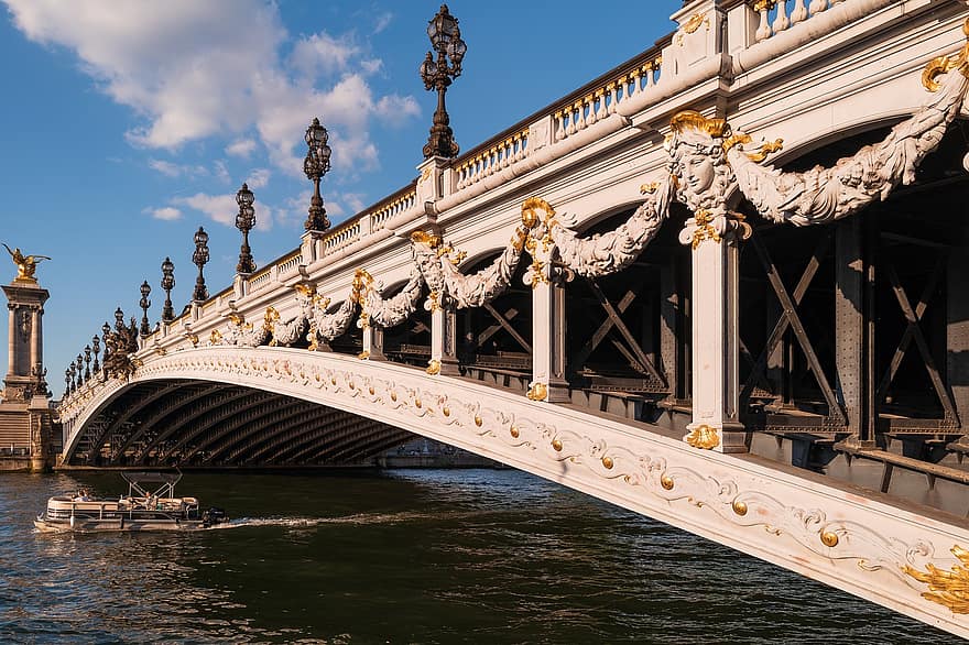 pont alexandre iii, cầu, Paris, Cầu vòm boong, ngành kiến ​​trúc, seine, con sông, lịch sử, phong cảnh, đèn đường, nơi nổi tiếng