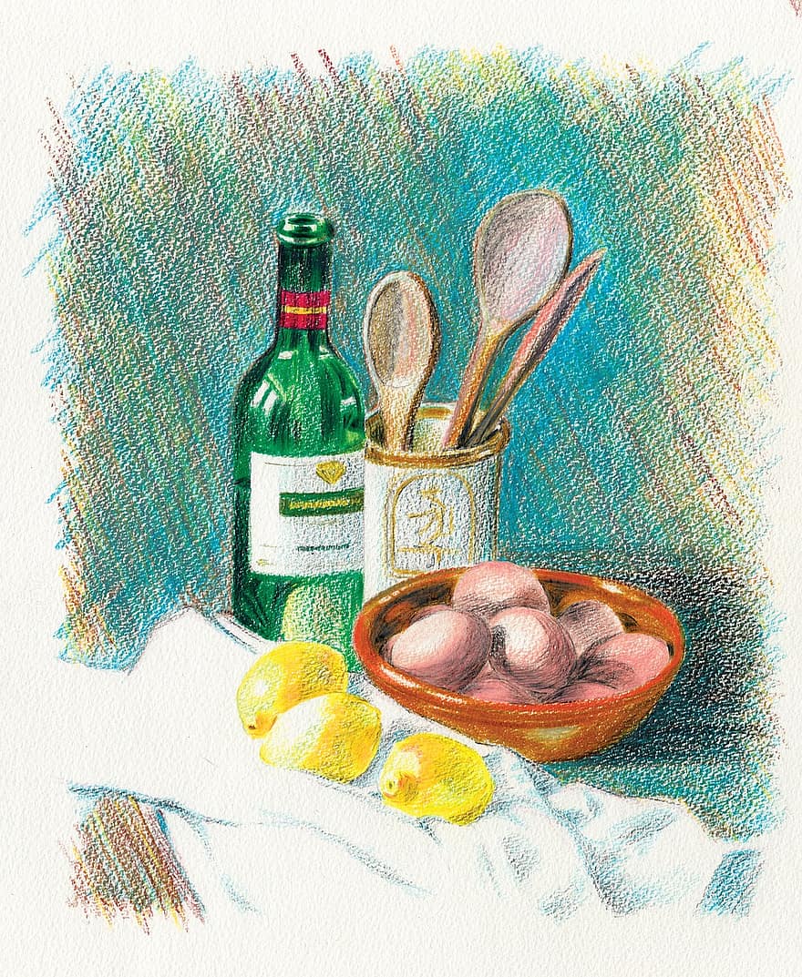 натюрморт, скица с молив, чертеж, пастели, Кръстосана люка, снимка, импресионист, бутилка вино, вино, кухня, яйца