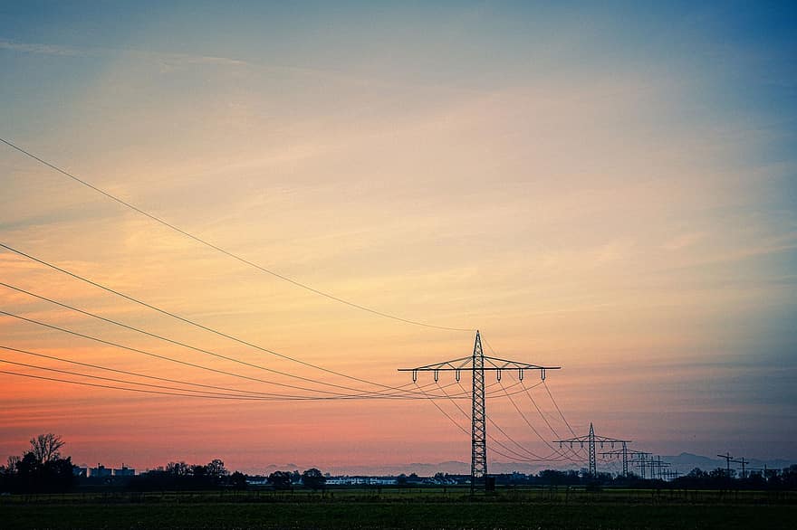 Power Lines, Electricity, Sunset, Outdoors, Electricity Pylons, fuel and power generation, power line, electricity pylon, power supply, dusk, technology