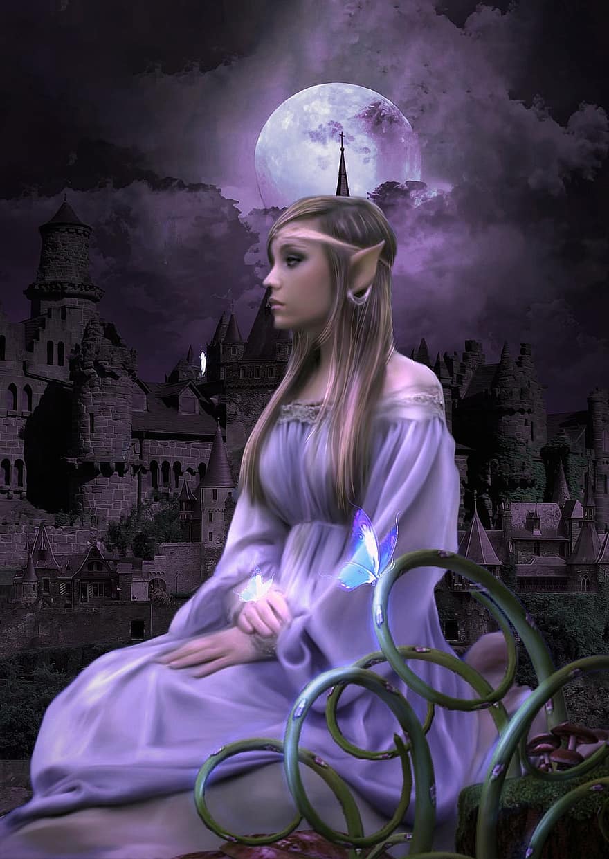 fonas, elfas, pilis, mėnulis, fantazija, moteris, Moteris, avatar, charakteris, skaitmeninis menas