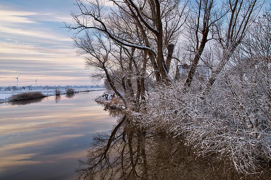 River, Winter, Sunset, Bank, Trees, Shrubs, Wintry, Snow, Frost, Hoarfrost, Water
