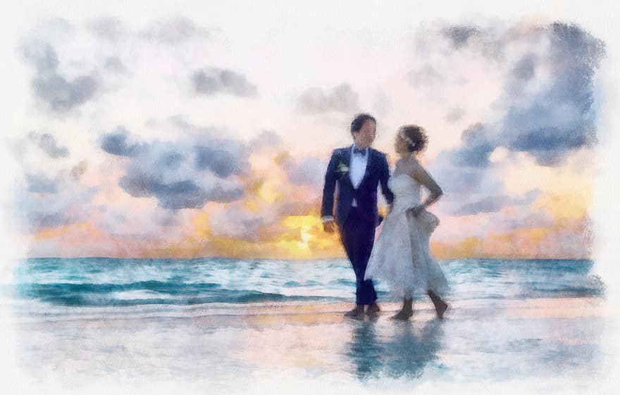 pár, milovat, svatba, moře, pláž, západ slunce, serenité, štěstí, umění malby, vodové barvy