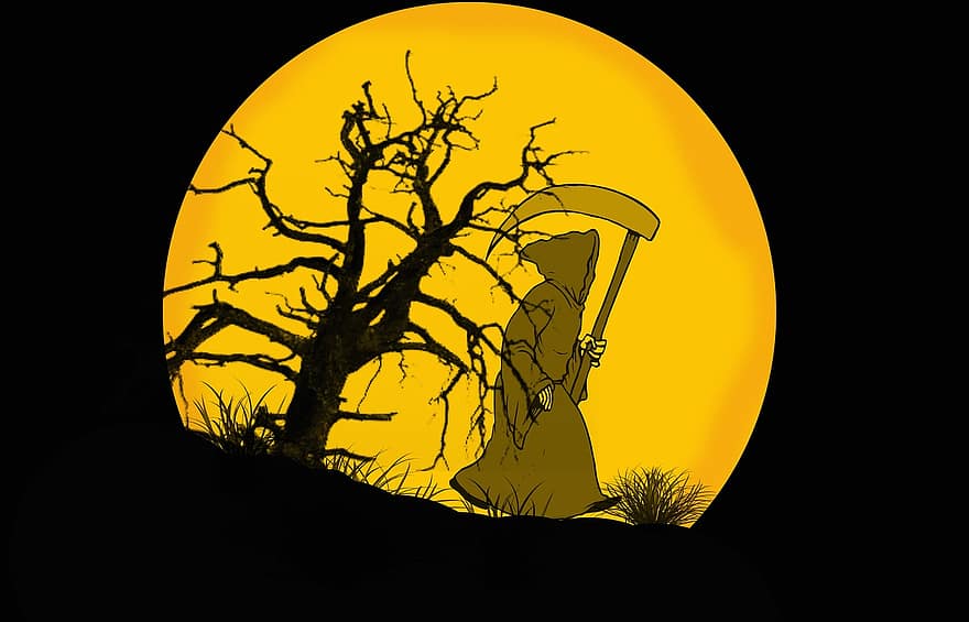 Tod, Halloween, Hintergrund, Karte, Postkarte, unheimlich, schwarz, Nacht-, Baum, Gehen, schwarzer Baum