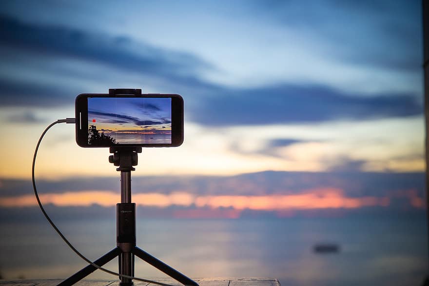 téléphone intelligent, mobile, caméra, enregistrement, le coucher du soleil, océan, ciel, mer, eau, crépuscule, côte