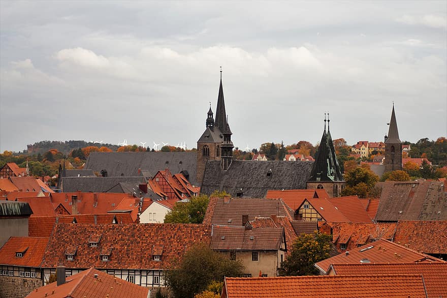 Quedlinburg, oraș, acoperișuri, case, clădiri, case cu semilunghi, grindă cu zăbrele, arhitectură, orizont, Harz, Saxa-Anhalt