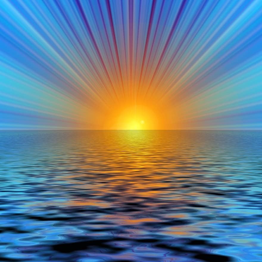 des rayons, eau, vague, Soleil, lumière, ambiance, abstrait, bleu, horizon, mer, Lac