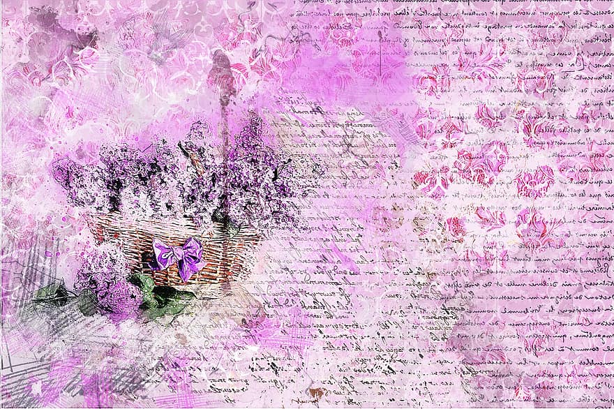 Flowers, Lilac, Basket, Art, Abstract, Artistic, Watercolor, Vintage, Collage, Design, Scrapbook