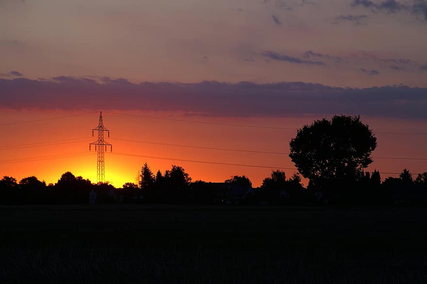 Línea eléctrica, energía, Strommast, cable, Alto voltaje, pilón, puesta de sol, silueta