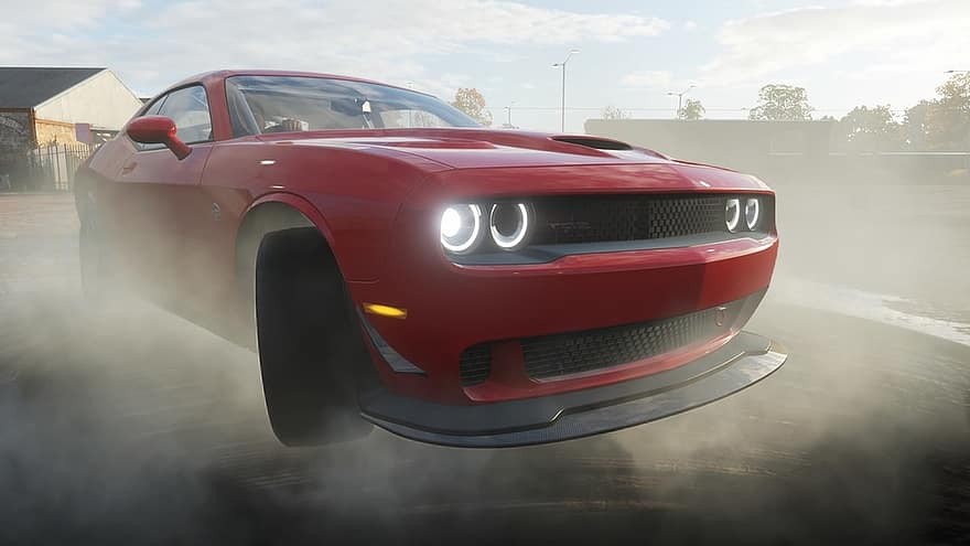 Forza Horizon 4, Dodge Challenger, Car, Smoke, Engine, Transportation, Speed, Auto, Powerful, Wheel, Sports