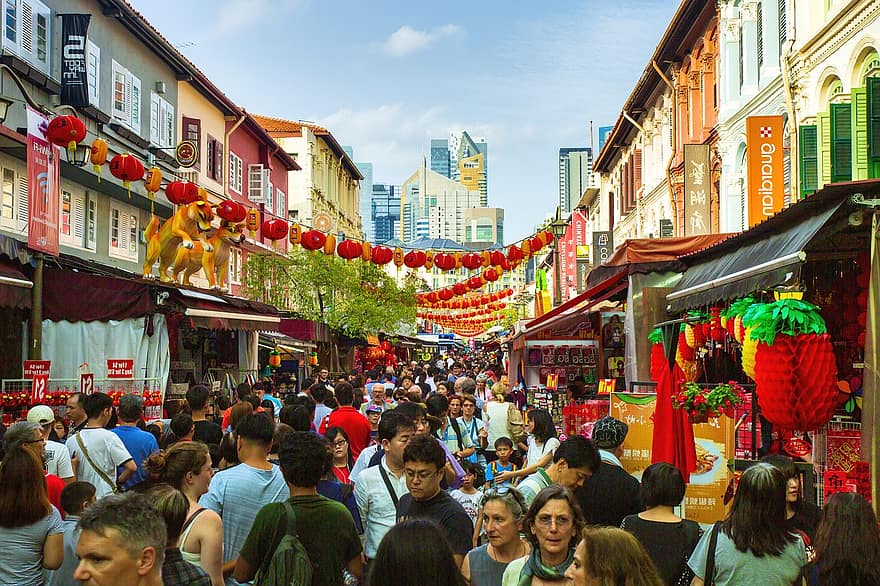 Festival, multitud, carrer, gent, mercat, esdeveniment, llanternes, edificis, urbà
