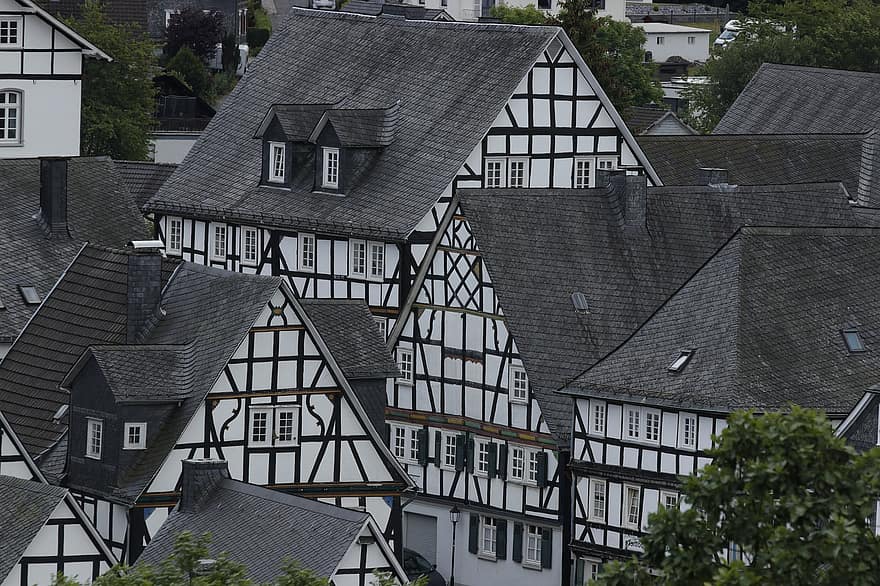 주택들, 마을, 도시, 지붕, 반 목조 주택, 중세 도시, 구시 가지, 역사적인, 역사적인 중심지, Freudenberg