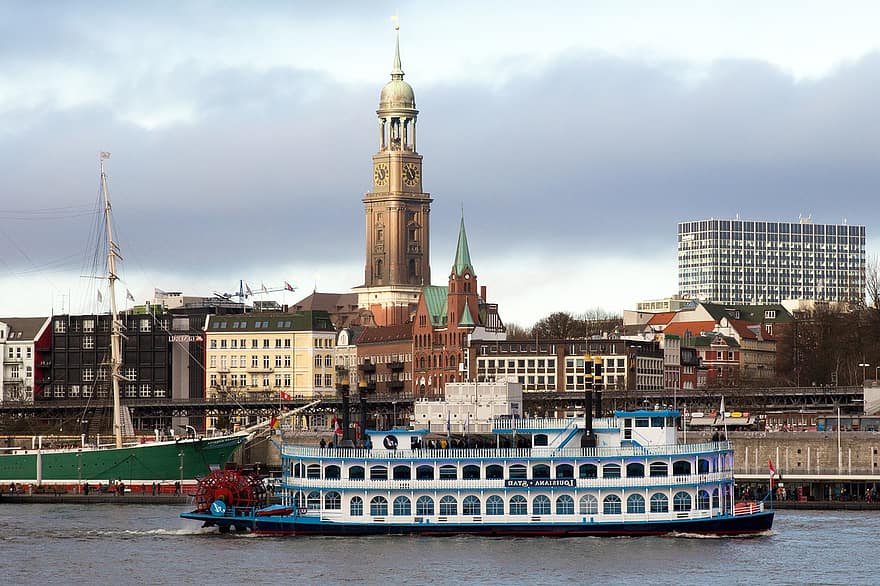 hajó, kikötő, torony, templom, Hamburg, Landungsbrücken, Elbe, víz, hanseatic város, kikötő város, folyó