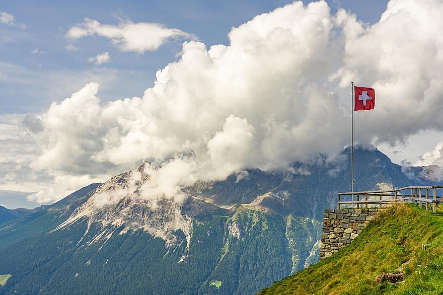 kalnai, Šveicarijos vėliava, debesys, Alpių, dangus, pobūdį, engadinas, graubünden, Šveicarija