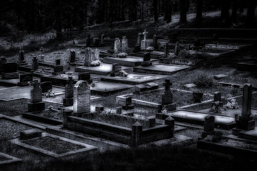 무덤 마당, 묘지, 로슬린 워싱턴, 묘비, 묘, 유령 같은, 죽음, 어두운, 기독교, 검정색과 흰색, 무덤
