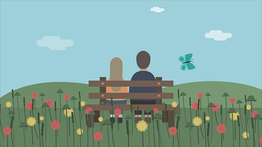 Couple, Bench, Nature, Love, Together, Drawing, Sketch, Park, Butterfly, Relationship, Hill