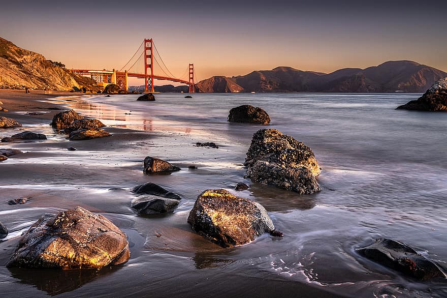 ゴールデンゲート、日没、サンフランシスコ、米国、アメリカ、カリフォルニア、風景