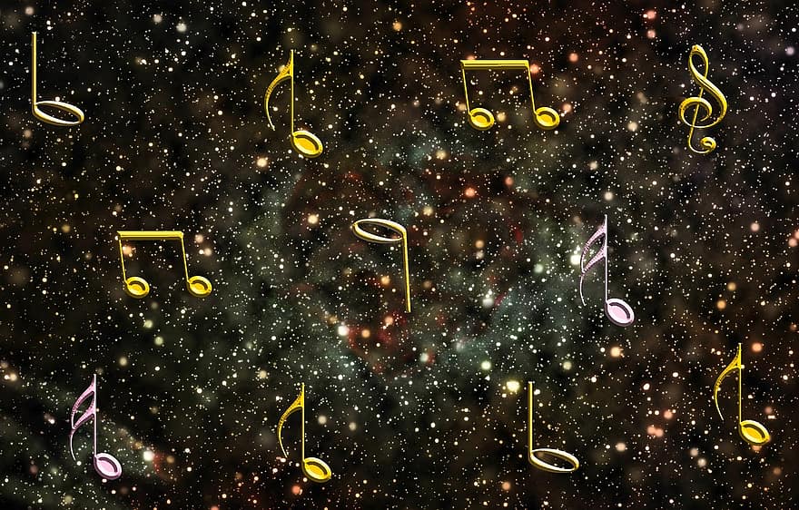 음악, 음자리표, 음표, 배경, 소리, 멜로디, 우주, 별, 은하, 공간, 선명한