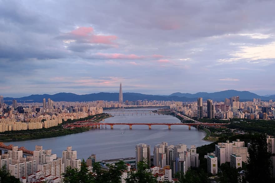 nehir, gün batımı, Kent, kentsel, köprü, binalar, mimari, seul, Güney Kore, Cityscape, şehir manzarası