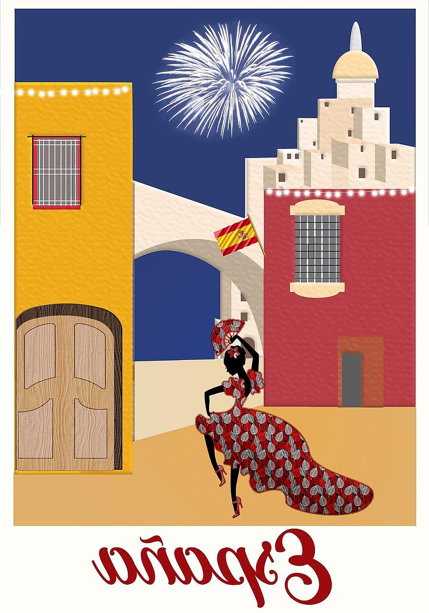 Poster de călătorie, Spania, espana, Dansator spaniol, steag, Spaniolă, călătorie, poster, tauri, focuri de artificii, epocă