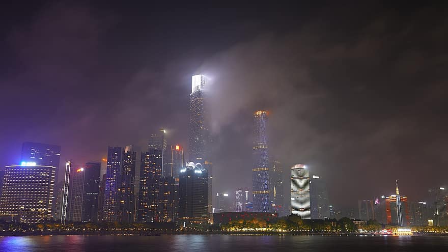 Гуанчжоу, a, сита, нічний вид, ніч, хмарочос, архітектура, міський пейзаж, міський горизонт, екстер'єр будівлі, побудована структура