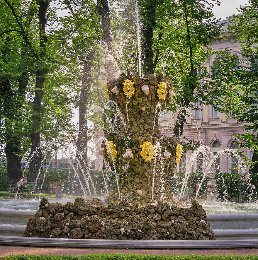 fontána, park, Petrohrad, stromy, voda, kašna, Rusko, cestovní ruch, cestovat, umění, architektura