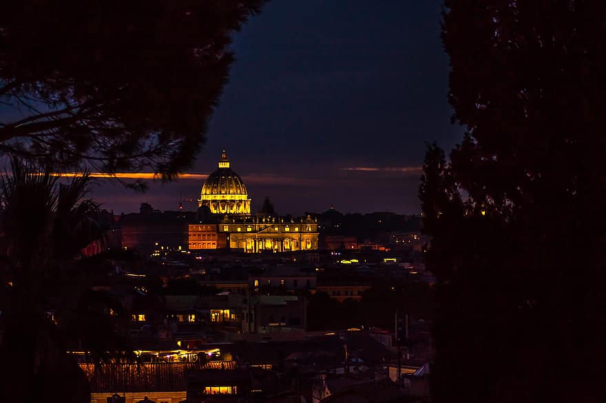 st. Peterio bazilika, Vatikano miestas, naktis, šviesos, bazilika, bažnyčia, pastatas, architektūra, vakare, medžiai, žinoma vieta