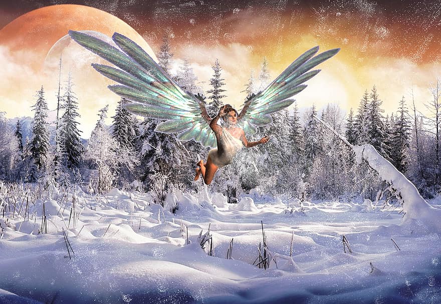 снежен ангел, гора, зима, фантазия