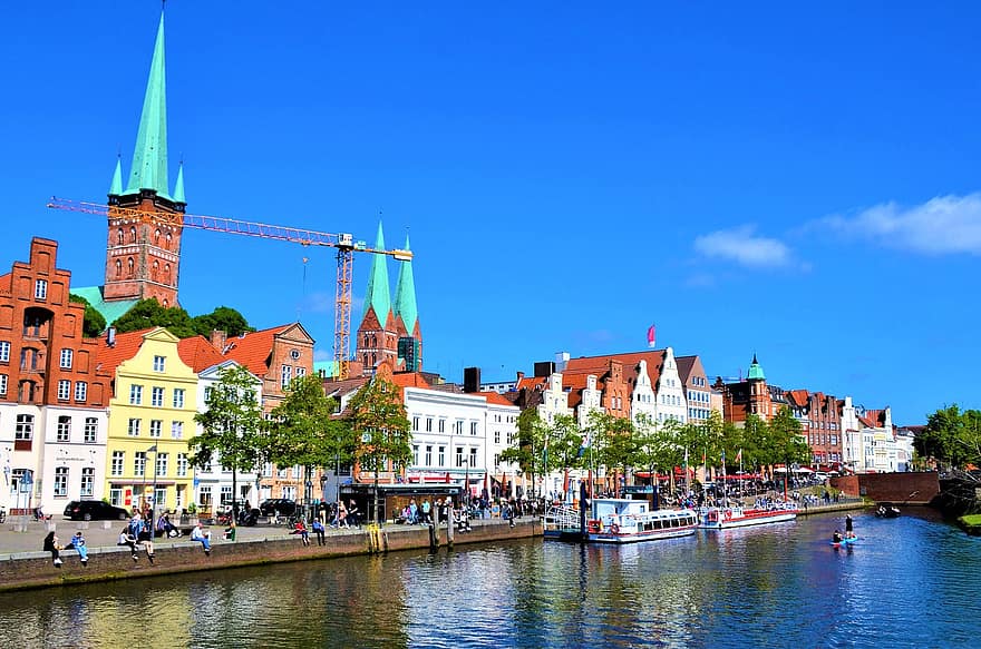embarcacions, moll, riu, port, via fluvial, Lübeck, ciutat hanseatica, idil·li