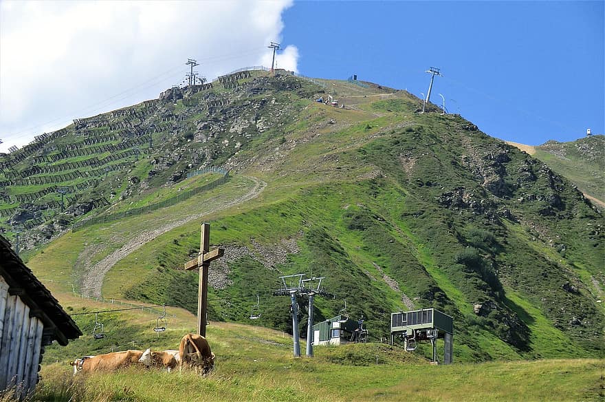 Hochboy, topo da montanha, Sennigrat, Montafon, Áustria, paisagem montanhosa, bonde, bondinho, panorama, montanhas, montanha, Fazenda