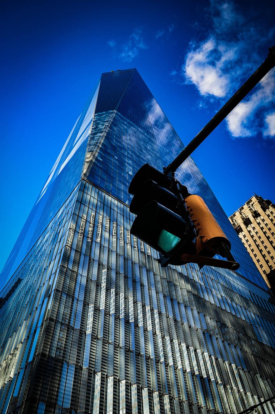 World Trade Center, Building, Traffic Lights, Facade, Glass Exterior, Modern Building, Architecture, Skyscraper, Sky, Urban, City
