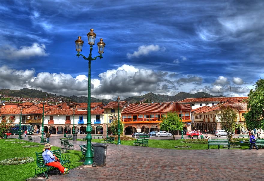 Park, City, Cusco, Plaza De Armas, Square, Benches, Pavement, Buildings, Town, Urban, Outdoors