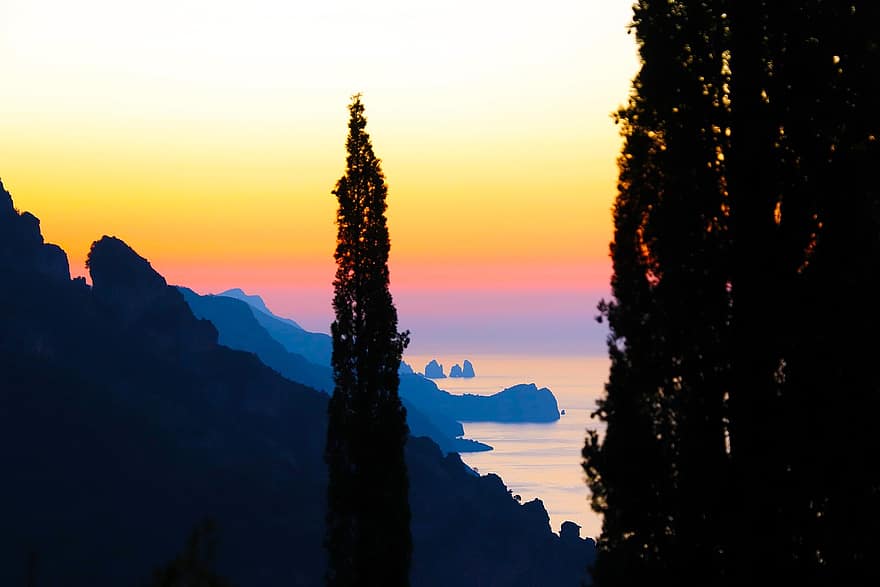 bergen, kust, solnedgång, himmel, turism, resa, amalfi kusten, amalfi, Italien, ensamhet, Semester