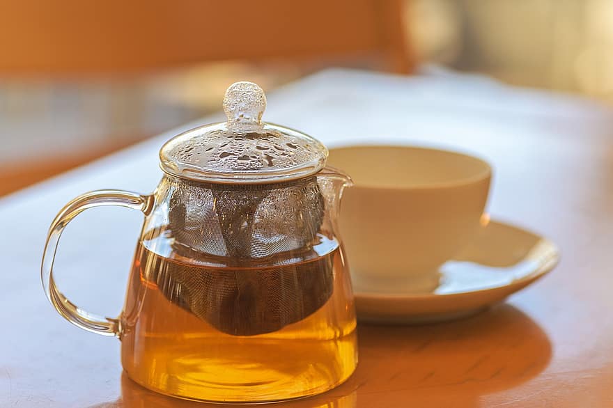 chá, bule, xícara de chá, bebida, quente, Chá de ervas, pires