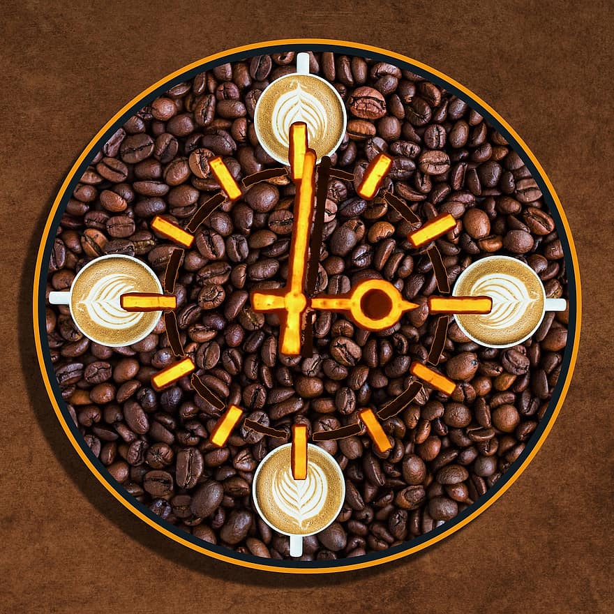 café, granos de café, Hora de cafe, reloj, novedad, taza de café, aroma, frijoles, marrón, beber, cafeína