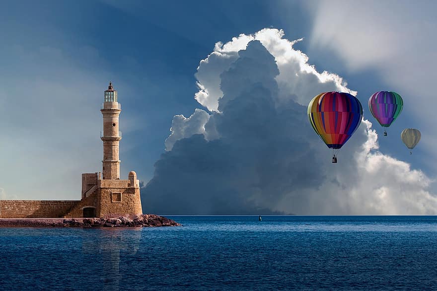 balão, passeio de balão de ar quente, nuvens, farol, tarde, céu, brilho, boje, mar, atmosférico, crepúsculo